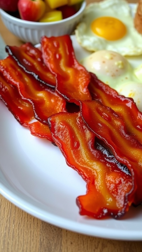 Crispy bacon strips on a plate with eggs and toast.